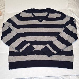 Express Men's V-Neck Sweater Large - Navy and Gray Stripes